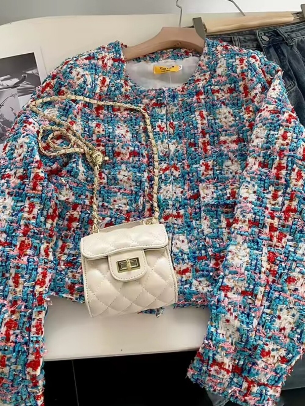Multicolor Tweed Jacket - Women's Short Boxy Coat - Picture 3 of 7